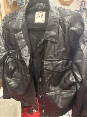 ZARA Black Leather Bomber Jacket with Button Front